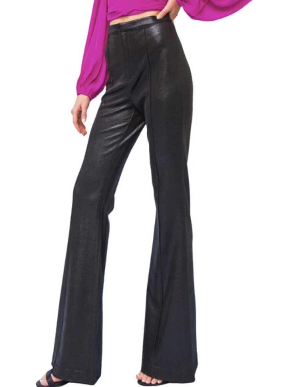 FLYING TOMATO Faux Leather ShimmeryBlack Flare Pintuck Pants
